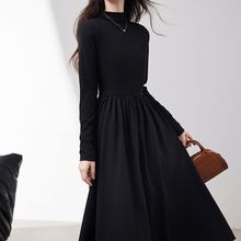 法式黑色长袖半高领秋季常规连衣裙拼接收腰弹力打底加绒加厚长裙