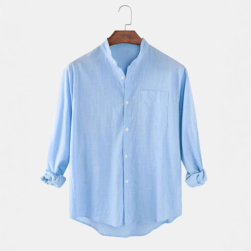 Chinese style men's simple casual multi-color long-sleeved shirt European and American Foreign Trade men's cotton and linen stand collar loose shirt