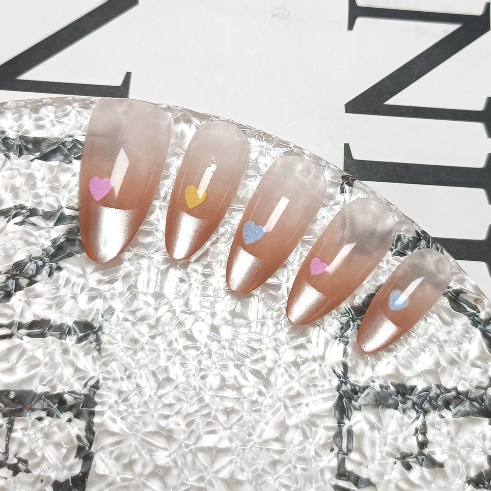 Puntas de uñas con forma de corazón al por mayor, pegatinas de uñas postizas sencillas y elegantes, juego de 10 piezas con efecto ojo de gato, uñas postizas hechas a mano.