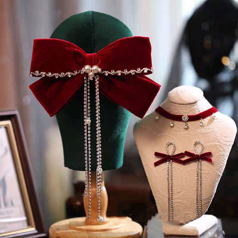Velvet rojo gran abrazadera de cabello de arco de novia brindis de boda toque de cabeza conjunto de pendientes de compromiso de mujer temperamento de cabello