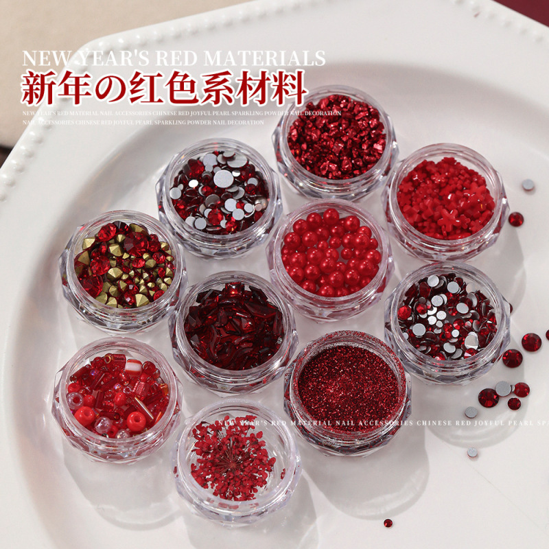 New Year's Flash Red Nail Art Jewelry Internet Celebrant Glitter Powder Mixed Broken Diamond Red Sequin Pearl Boxed Nail Accessories