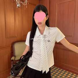 2025春夏季短袖复古宽松衬衣韩版显瘦翻领单排扣系带波点衬衫上衣