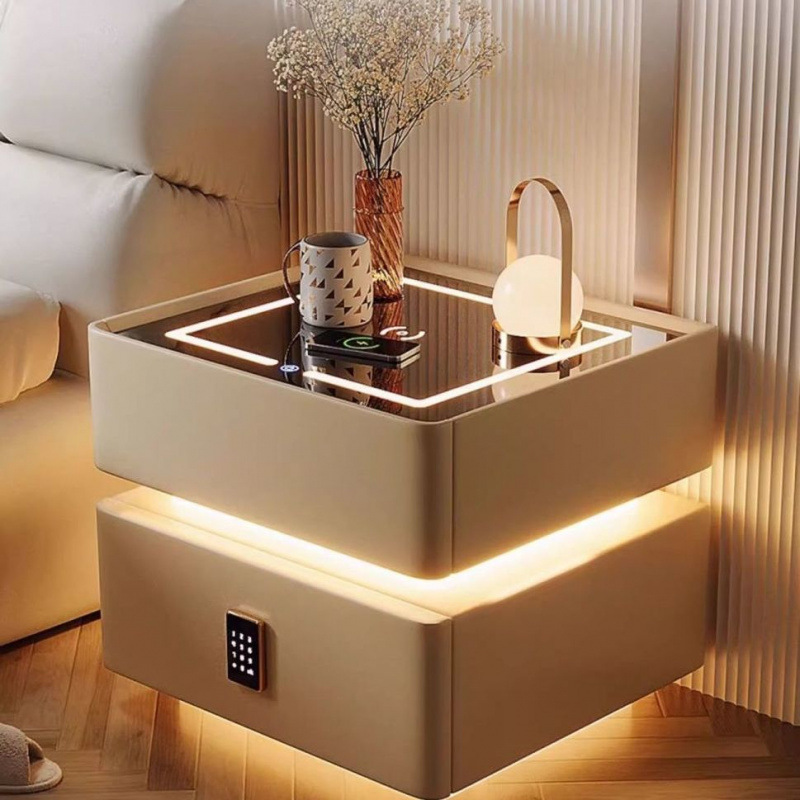 Smart Bedside Table Modern Simple Solid Wood with Light Bedroom Light Luxury Multi-Function Wireless Charging Bluetooth Smart Bed Cabinet