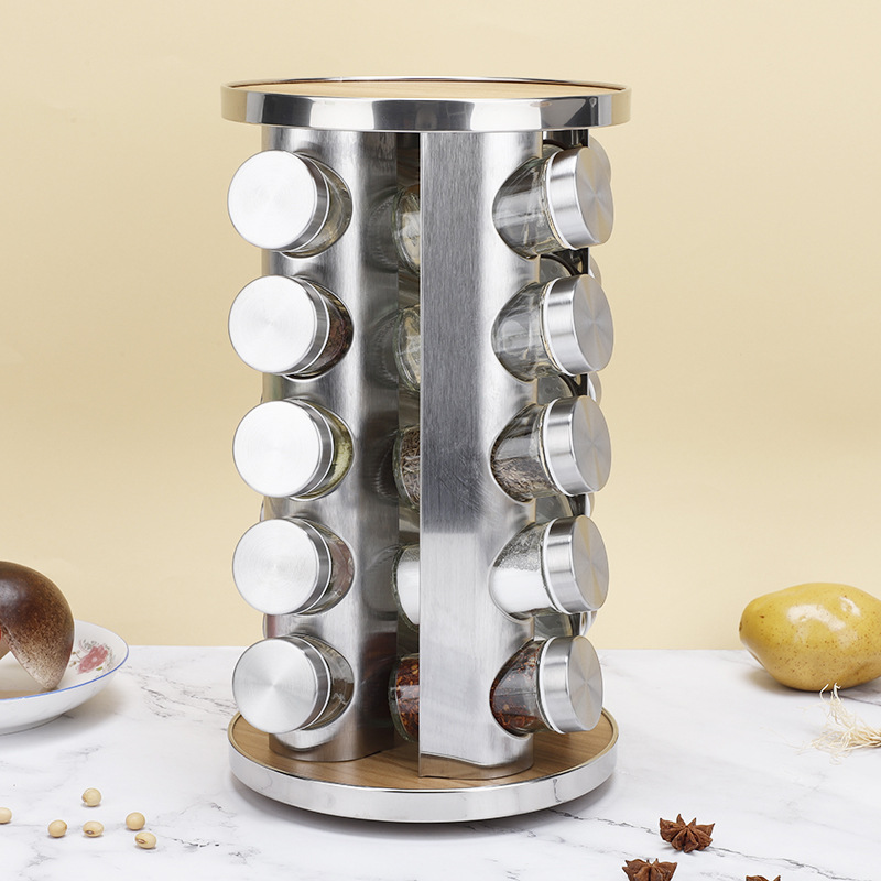 Venta al por mayor de acero inoxidable comercial condimento tarro cocina giratoria condimento botella estante 20 paquete comino pimienta condimento botella