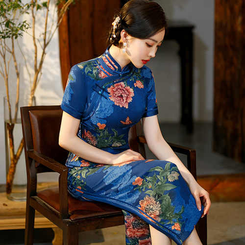 long high split cheongsam modified Chinese peony flower dress Oriental retro Chinese dress Qipao dress Cheongsam for girls 