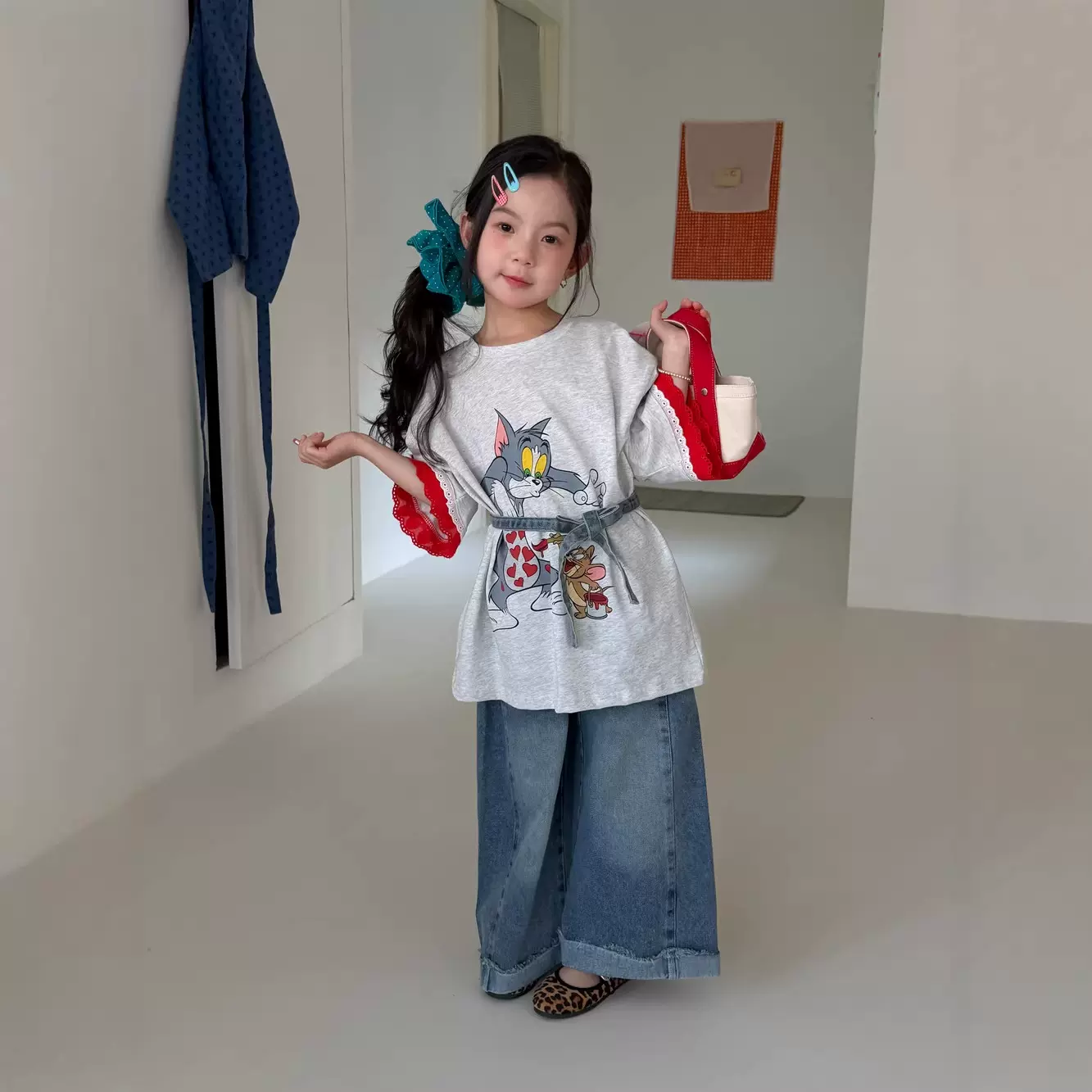 半柚童T恤2026春款女童韩版卡通印花短袖花边儿童圆领宽松上衣