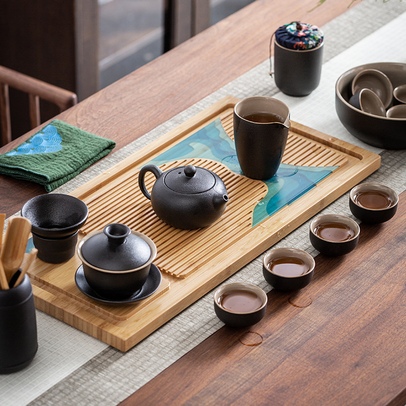 Black Terracotta Tea Set for Home Use, Zen-Style Black Kung Fu Tea Cups, Rustic Ceramic Covered Bowls, Teapots, and Tea Servers for Tea Ceremony