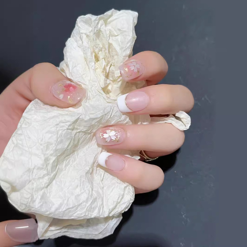 [Girl Star] Sakura Blush French Sakura Purely Handmade Wearable Nails Wholesale Removable Nail Stickers Manicure