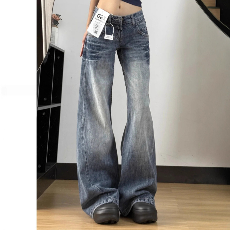 2025 Spring and Autumn New Vintage Slightly Flared Jeans for Women, Low Waist American High Street Style, Loose Straight Wide-Leg Pants