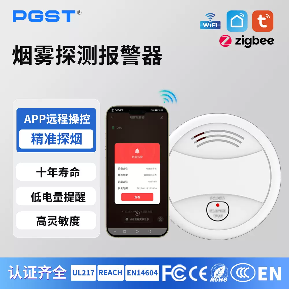 【定制】PGST烟雾报警器EN14604独立款TUYA涂鸦WiFi款烟感探测器