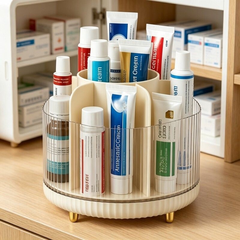 Desktop medicine box, ointment and medicine organizer, household small compartment storage box, transparent rotating storage container, capsule and cotton swab holder
