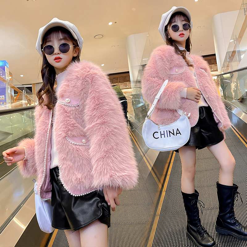 女童秋冬季新款小清新珍珠皮草一体毛毛衣中大童韩版夹棉保暖外套