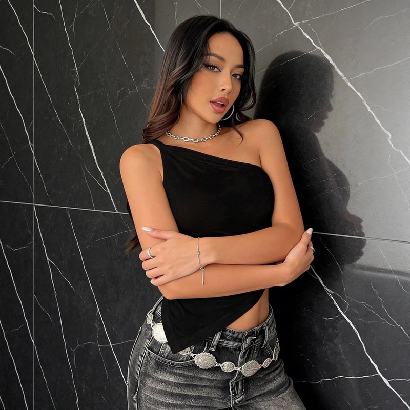 Cross-Border Women's Clothing American Sweet and Spicy Style Vest 2026 Spring and Summer New Style Irregular Hem Off-Shoulder Top Cross-Border Women's Clothing American Sweet and Spicy Style Vest 2026 Spring and Summer New Style Irregular Hem Off-Shoulder Top