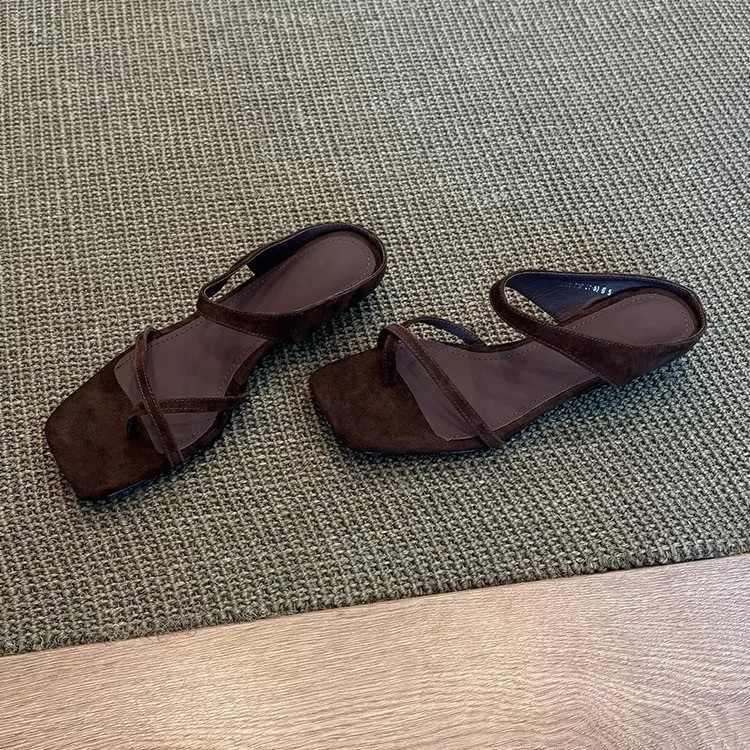 New Women's Square Toe Toe Slip-On Sandals Retro Wedge Outdoor Wearable Comfortable Style_voghion.com