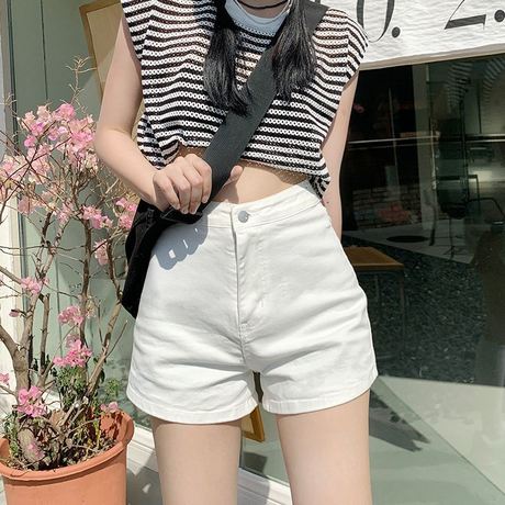 美式辣妹牛仔短裤女夏高腰紧身弹力包臀显瘦白色性感百搭超短热裤