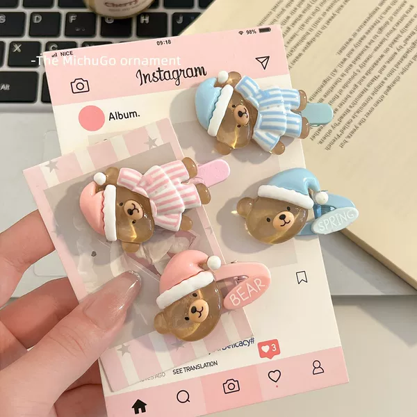 Cute Blue and Pink Pajama Bear Hair Clip for Girls, Bangs Clip for Children, Baby Side Clip Hairpin Hair Accessory