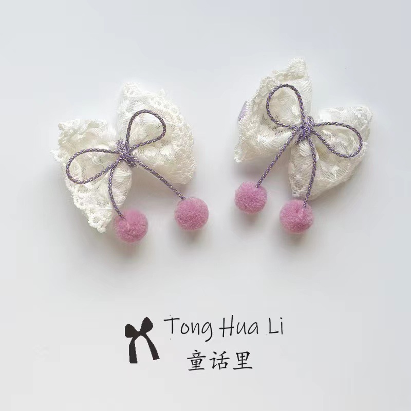 Hair clip with lace and pom-pom butterfly bow, baby hair clip, elegant princess headband, hair-friendly duckbill clip