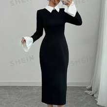 亚马逊跨境欧美2025新款黑色高级复古翻领拼色修身长款连衣裙修身