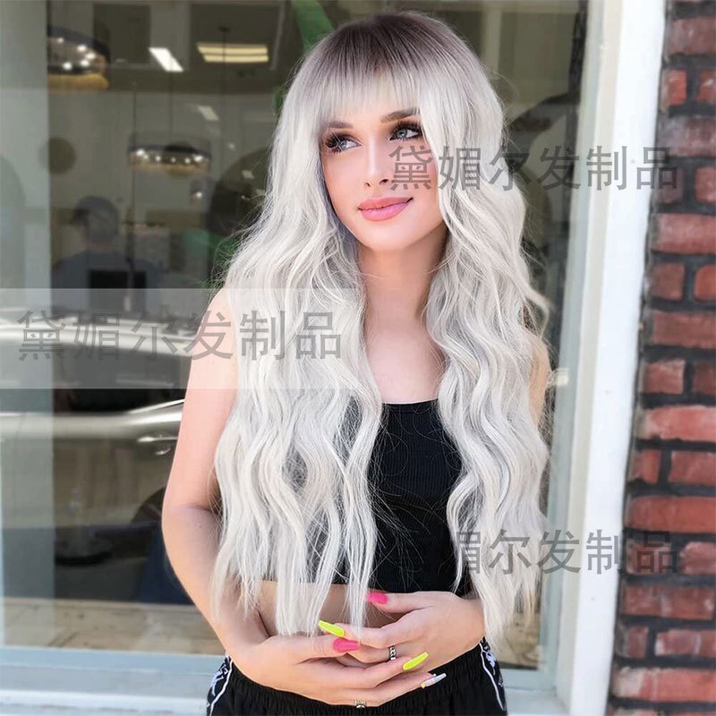 Cross-border new wig long curly hair neat bangs fashion wig gradient chemical fiber headgear European and American wig women's headgear