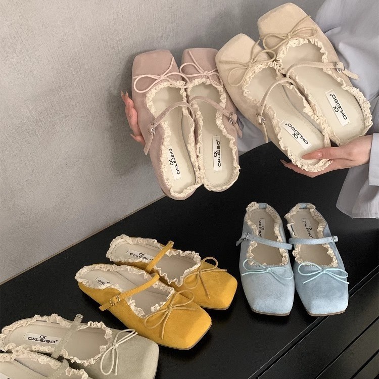 Zapatos de mujer de noche suave plano francés Mary Jane semi-pantuflas Zapatos individuales con lazo Zapatos de ballet azul retro de primavera y verano