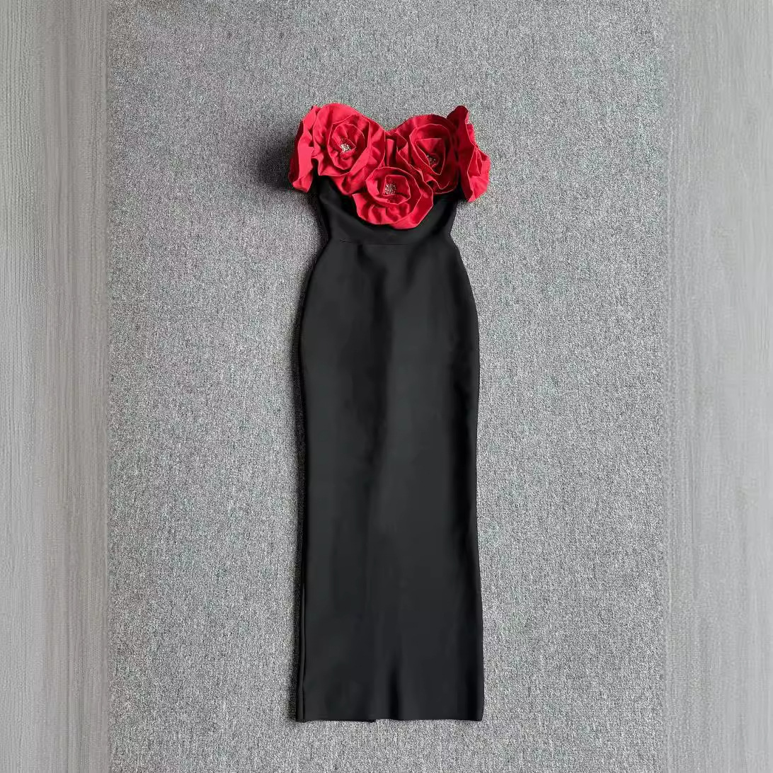 Women's Clothing Red Fashion Large Flower Slim Tube Top Sleeveless Tight Casual Long Bandage Dress Evening Dress Women's Clothing_voghion.com