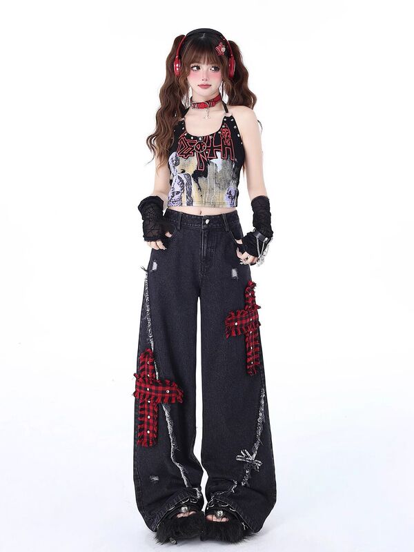ロックパンクの穴を割ったストレートのワイドジーンズの女性の春の新型の高腰のゆったりとした刺繍のペンダント感があります。|undefined