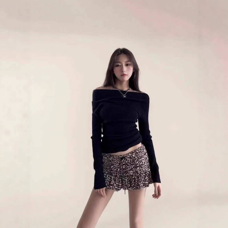 Leopard Print Strap Design Mini Cake Skirt Shorts for Women, Autumn American Style Retro A-Line Skirt