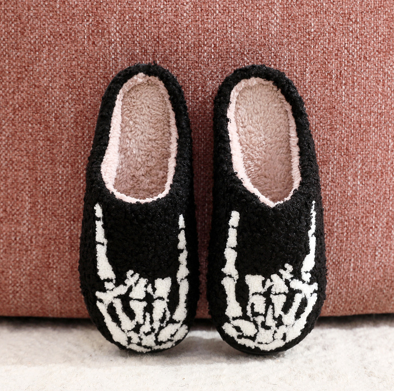 Halloween skull finger rock embroidered printed cotton slippers men and women tiktok hot sale thick plush couple slippers Halloween skull finger rock embroidered printed cotton slippers men and women tiktok hot sale thick plush couple slippers