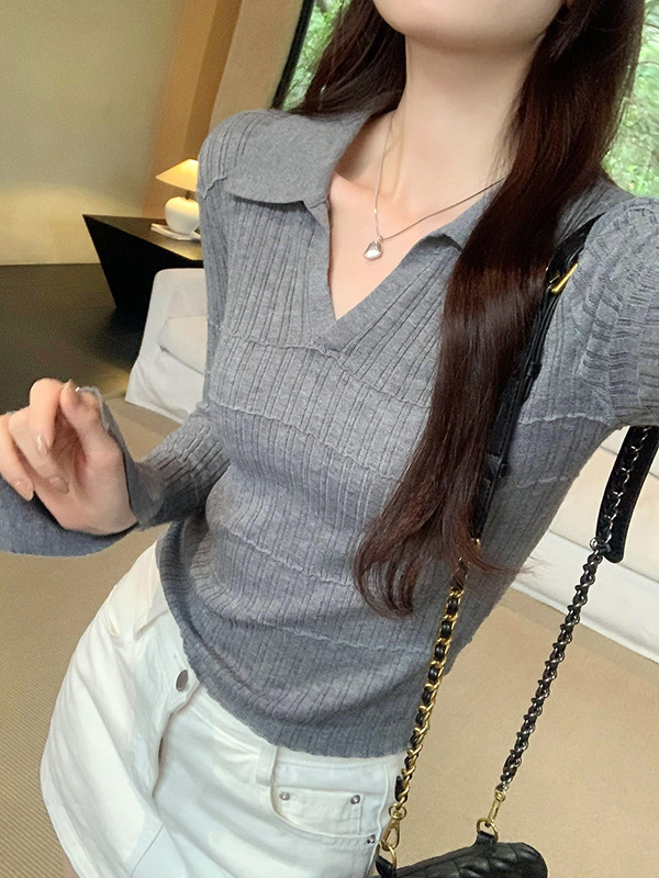 polo领喇叭长袖白色针织打底衫女新款入秋高级感穿搭修身显瘦上衣|undefined
