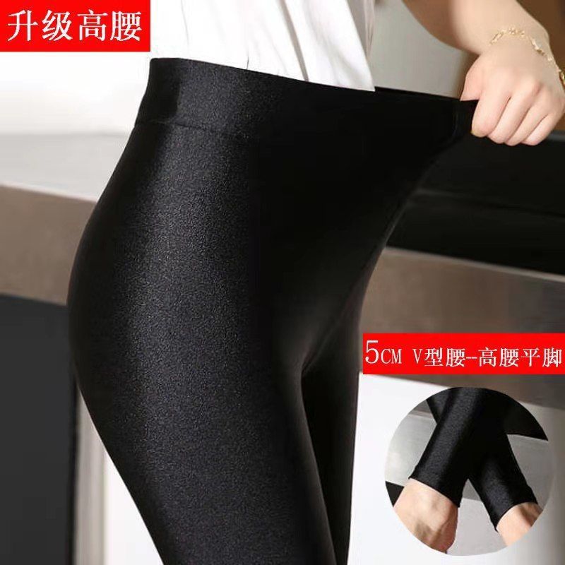 [Fleece-forrado grueso] otoño e invierno brillante pantalones de las mujeres de cintura alta desgaste exterior más tamaño alto elástico abajo pantalones calientes