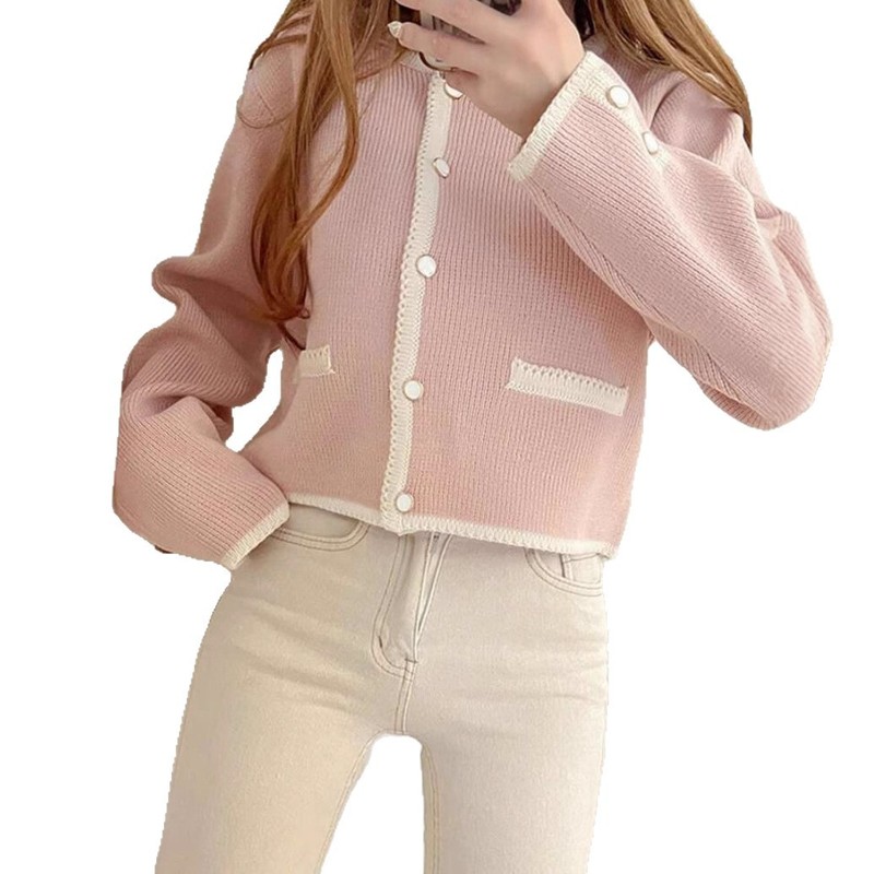 コントラストカラーのラウンドネックシングルブレストシンプルな気質ニットカーディガン女性の秋冬の新しいクロスボーダー外国貿易セータージャケット|undefined