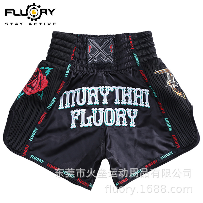 FLUORY Fire Base Muay Thai Shorts Sanda Suit Free Fight Fighting Training Double Gun Rose Boxing Pants Adult