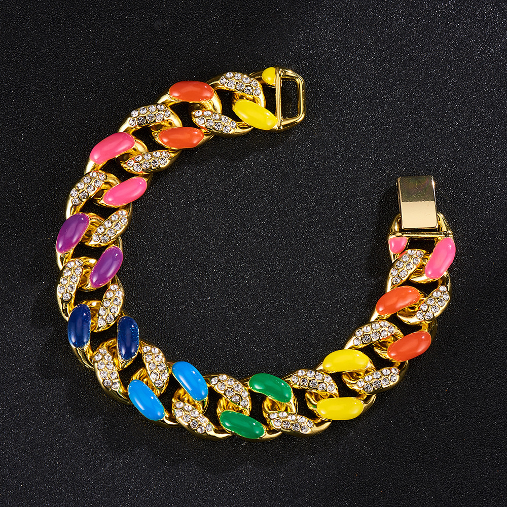 [Xuan Di] 16mm Thick Colorful Rainbow Necklace European and American Cuban Link Chain Hip Hop Rap Hi