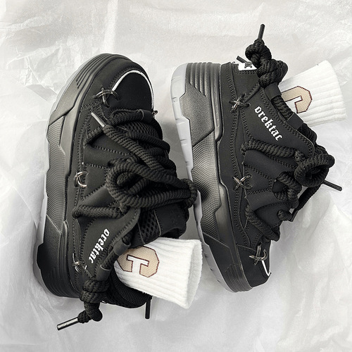 Thick sole increased black bread shoes for women  new winter casual versatile dad shoes couple retro sports shoes
