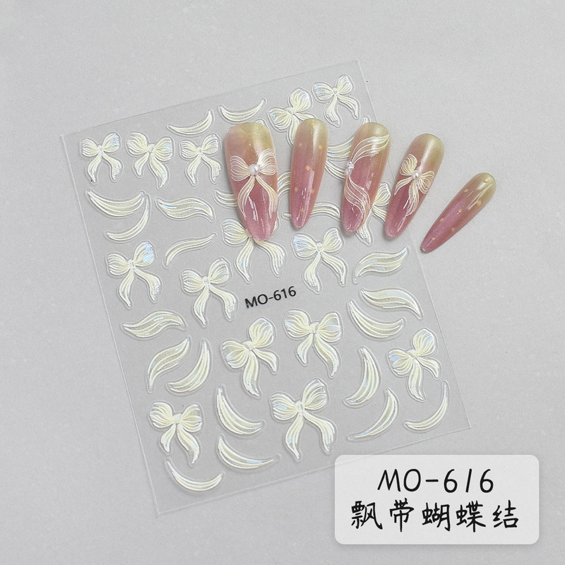 飘带蝴蝶结美甲贴纸浮雕立体纯白粉色ins风幻彩diy穿戴甲指甲贴纸|undefined