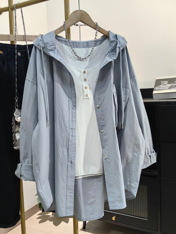 Large Blue Hooded Shirt for Women, Covers the Hips, Lazy Style, New Spring/Summer Model, Slimming Top for Plus-Size Women, Sun-Protective Thin Jacket Large Blue Hooded Shirt for Women, Covers the Hips, Lazy Style, New Spring/Summer Model, Slimming Top for Plus-Size Women, Sun-Protective Thin Jacket
