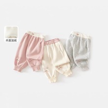 女童冬装休闲裤宝宝洋气儿童个性潮牌加厚一体绒拼色卡通束脚卫裤