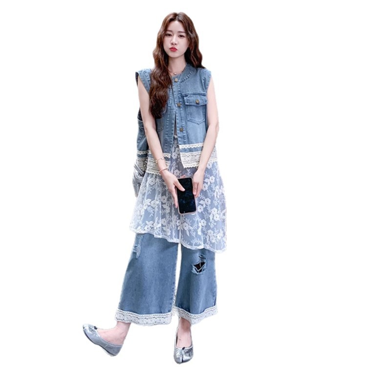 フレンチフライストリートデニムスリーピーススーツ女性用2025夏新作刺繍スプライシングベストレースインナーワイドレッグパンツスーツ|undefined