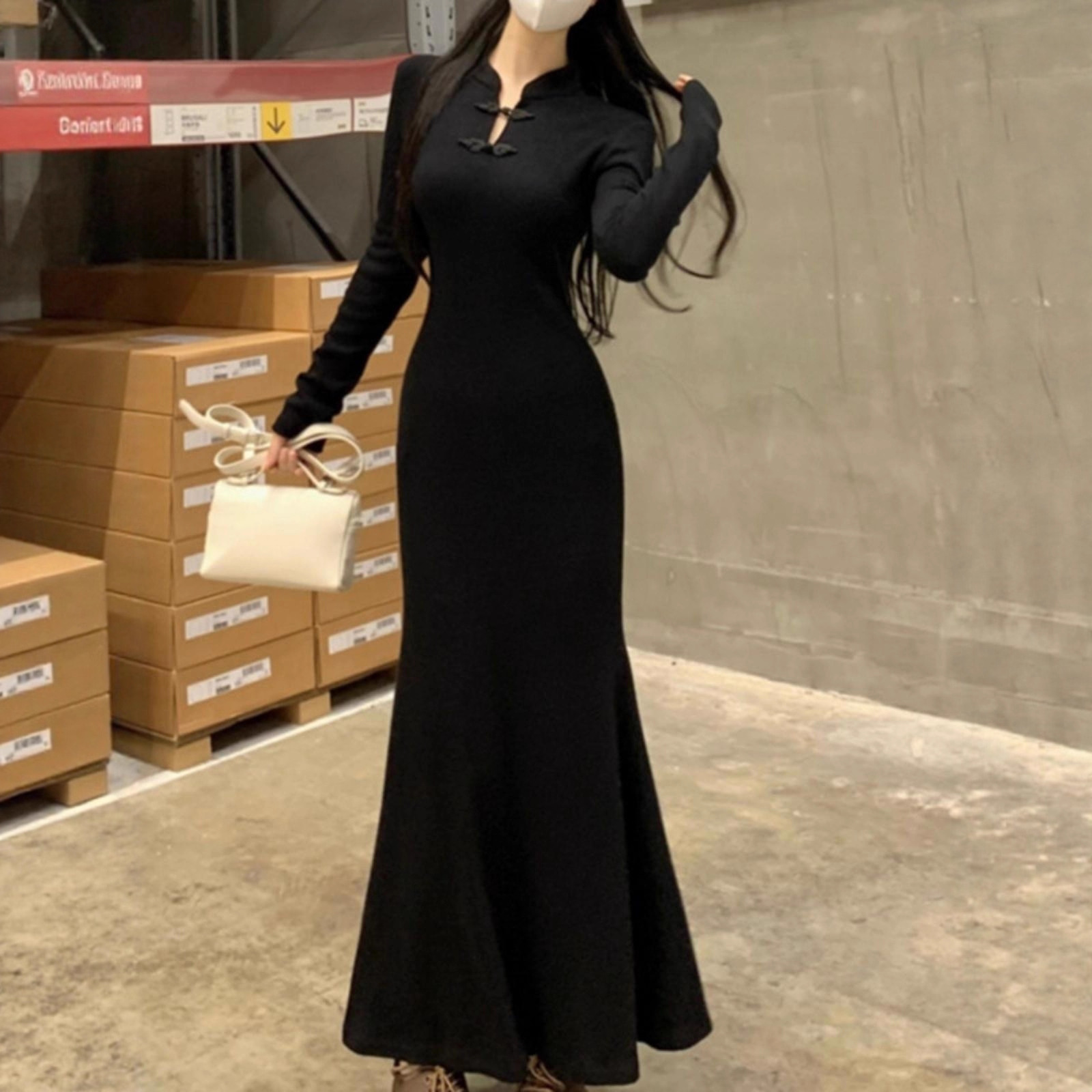 New Chinese Style Improved Cheongsam Hip-Covering Long Skirt for Women Autumn and Winter Large Size Waist-Cinching Bottoming Fishtail Dress