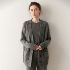 羊绒开衫女100%纯山羊绒中长款三股加厚宽松大码百搭针织外套毛衣