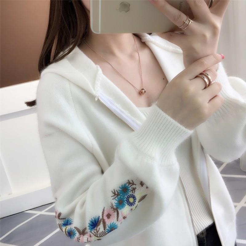秋の服の新型の女性の帽子のニットのカーディガンの韓国版の長袖のゆったりしていて美しい刺繍の灯籠の袖の学生のセーターのコート|undefined