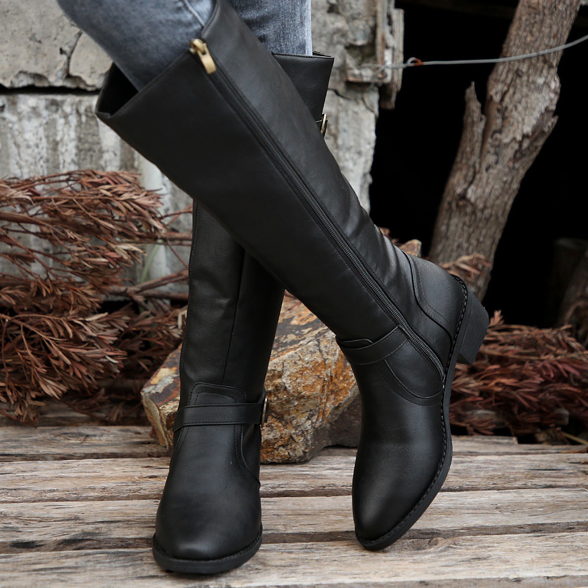 Women's boots Square heel high knight boots belt buckle Solid color boots for women_voghion.com