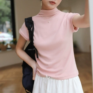 不退换  乐乎 韩系简约百搭T恤女飞卷袖春夏半高领打底衫上衣6389