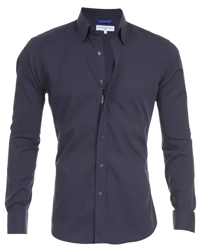 Men's zippered shirt hidden fake button Oxford elastic cotton zipper lining_voghion.com