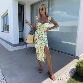 亚马逊速卖通，欧美柠檬印花吊带连衣裙