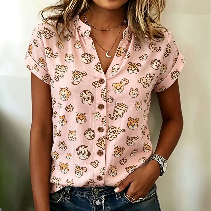 Gentle Foundation Pink Cartoon Cheetah Head Print All-Over Stand-Collar Short-Sleeve Cardigan Top with Wooden Buttons and Rolled Cuffs, Lightweight Shirt