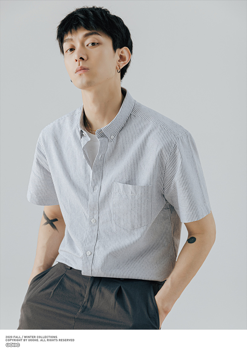 Áo sơ mi nam Oxford sọc dọc tay ngắn phong cách công sở — Phiên bản vừa vặn sọc xám ngắn tay chi tiết 18