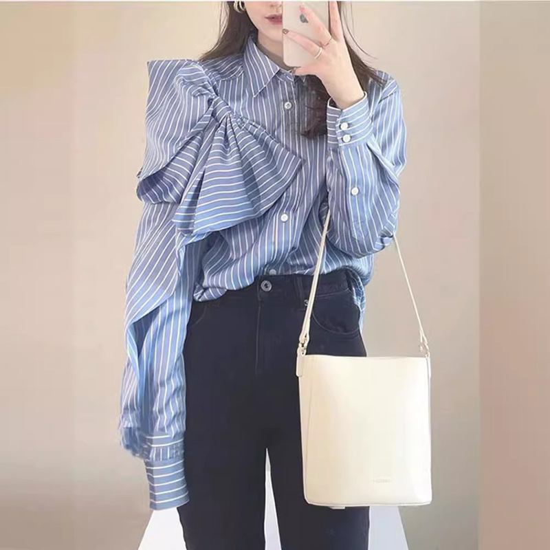 Boyfriend Style Navy Striped Shirt for Women 2025 Summer and Autumn New Blue Striped Shirt Design Bow Top