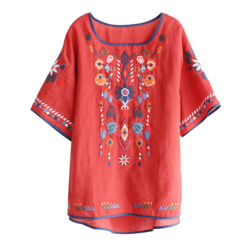 Cross-border AliExpress Amazon European and American New Products 2024 Round Neck Short Sleeve Embroidered Plus Size Loose Women's T-shirt