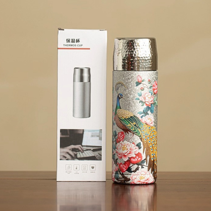 孔雀牡丹富贵保温杯茶水分离焖茶杯办公室商务礼品水杯高颜值茶杯